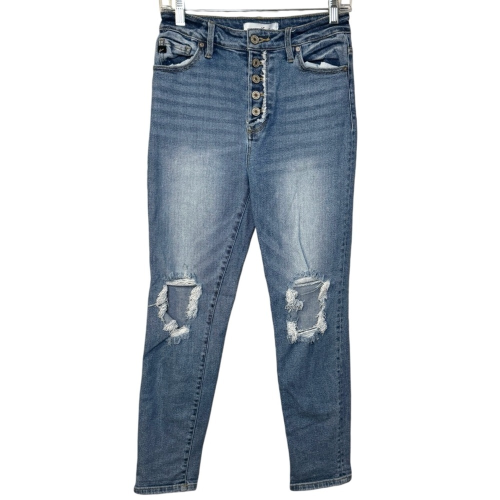 Kancan High Rise Mom Jean button fly distressed women’s 5/26 cropped ankle